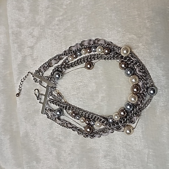 Vintage 80's Multi-Strand Pearl Ribbon Choker Necklace Costume Jewelry Silver - Picture 6 of 6